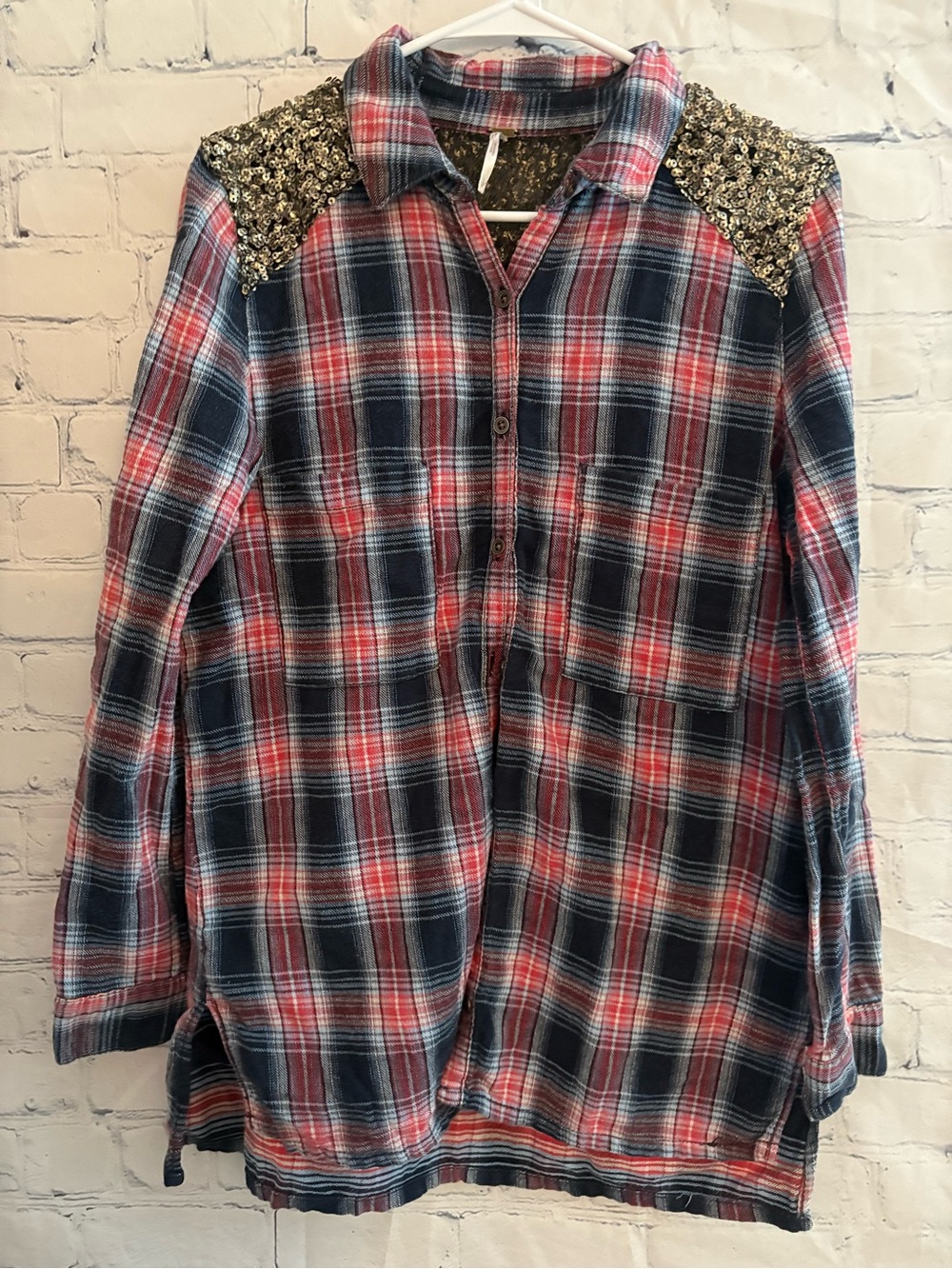 Free people plaid button down red white blue plaid gold sequins sz s